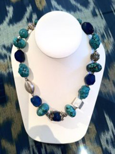 Blue Chinese turquoise, chalcedony, Balinese sterling, African trade beads