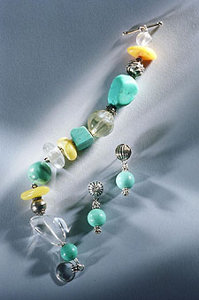 Chinese Turquoise, Butterscotch Baltic Amber and Rock Crystal Bracelet and Earrings