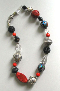 Necklace of red cinnabar, cloisonné, coral,